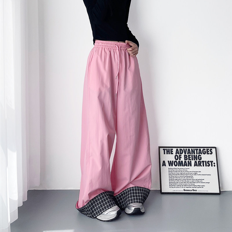 高腰格子拼接裤脚阔腿裤女2025秋季新款大码胖mm松弛感休闲直筒裤,淘宝优惠券,粉丝福利购,淘宝优惠卷