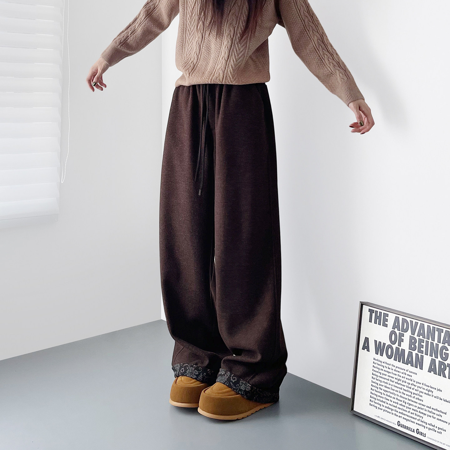 仿羊绒复古慵懒风拼接阔腿裤女冬季新款设计感大码胖mm显瘦卫裤子,淘宝优惠券,粉丝福利购,淘宝优惠卷