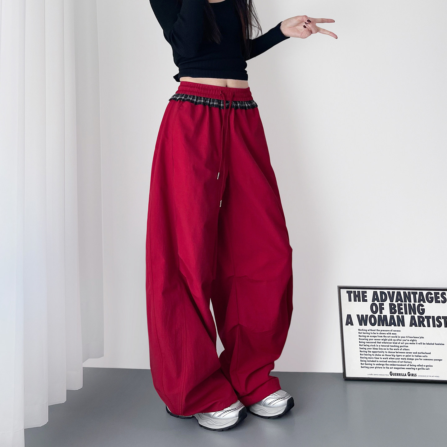 大码红色压褶阔腿裤春季新款胖mm设计感拼接格子显瘦大裤腿运动裤,淘宝优惠券,粉丝福利购,淘宝优惠卷