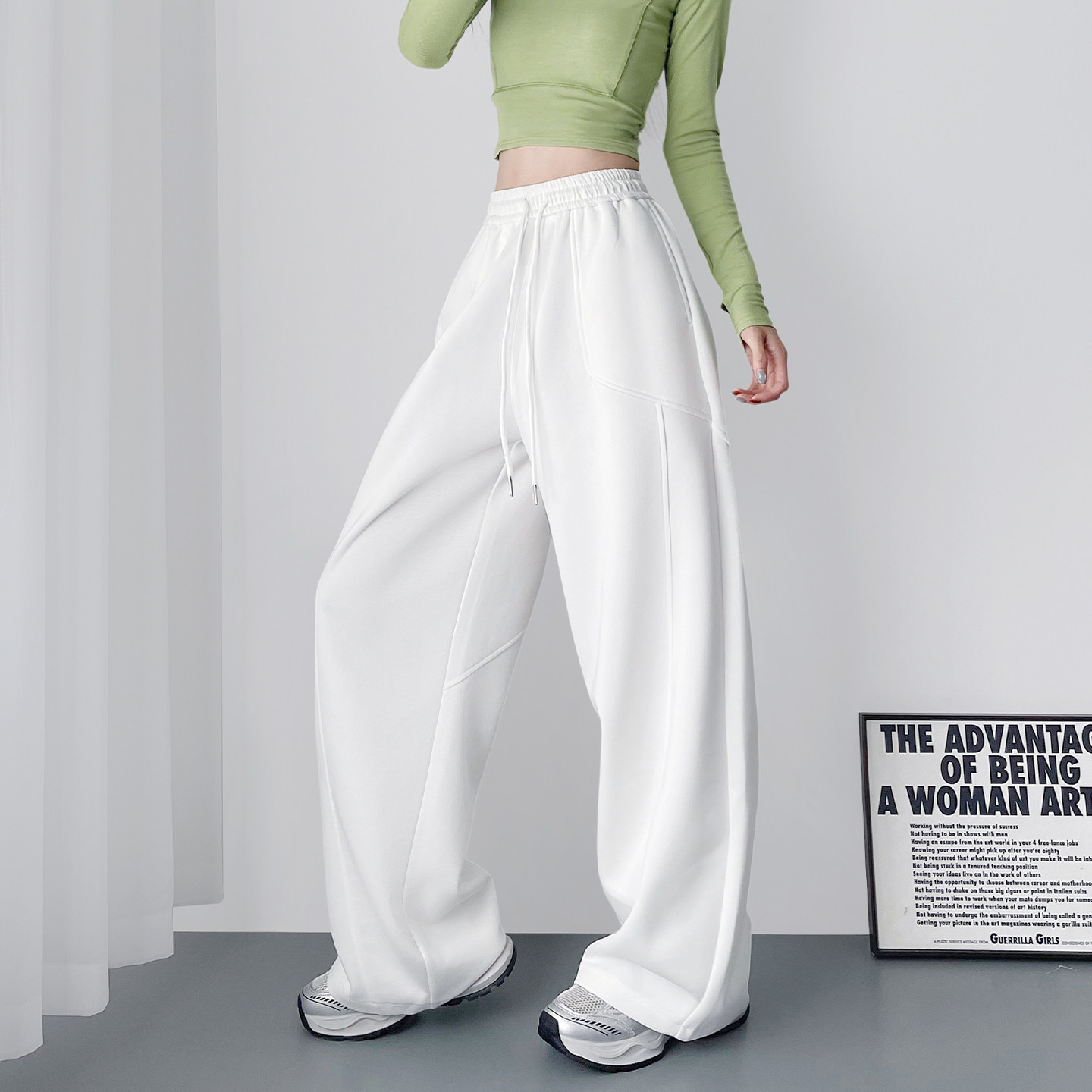 高腰抽绳显瘦松弛感阔腿裤女秋季新款大码胖mm慵懒风遮肉运动裤子,淘宝优惠券,粉丝福利购,淘宝优惠卷