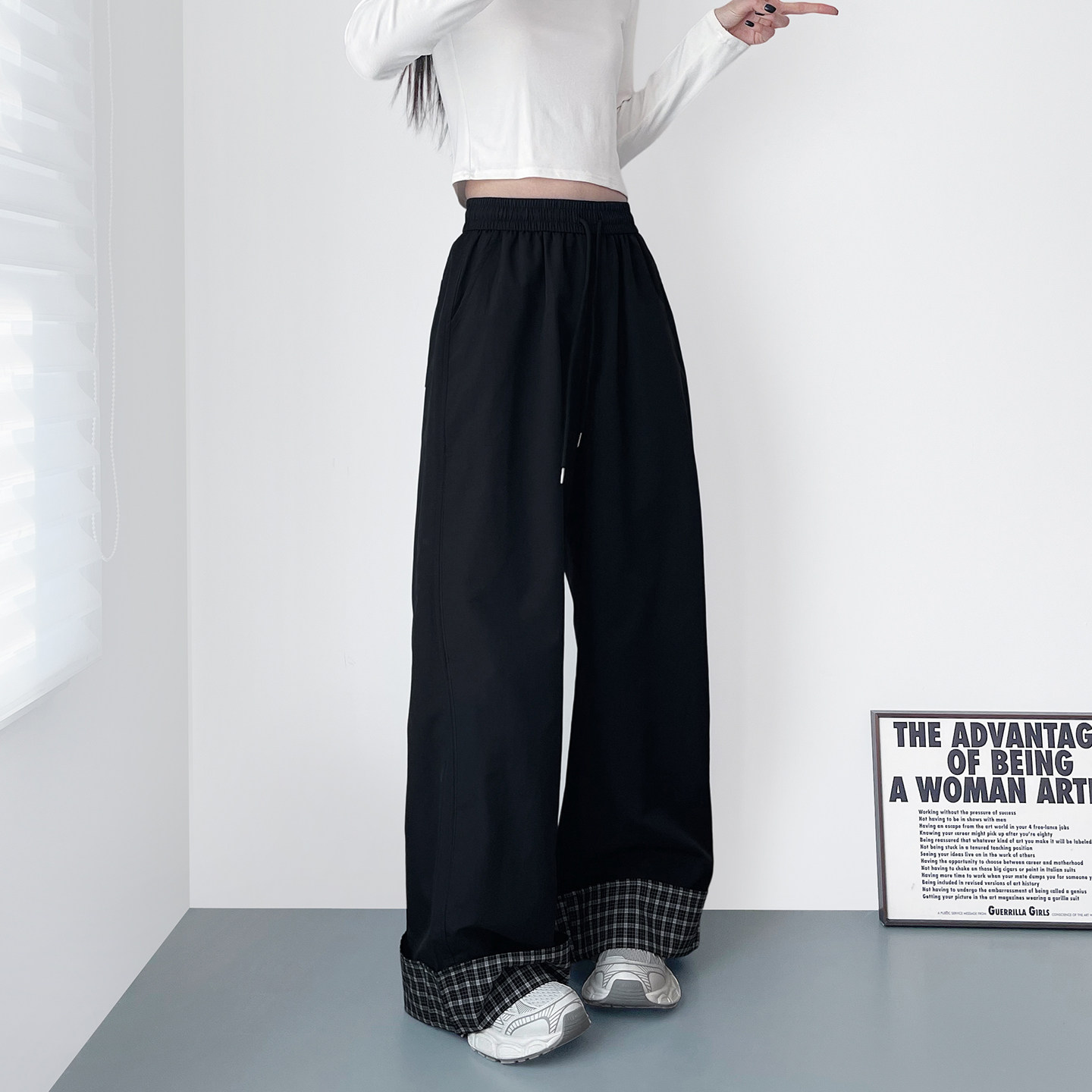 大码慵懒风裤脚拼接阔腿裤女早春胖mm显瘦遮肉宽松垂感运动休闲裤,淘宝优惠券,粉丝福利购,淘宝优惠卷