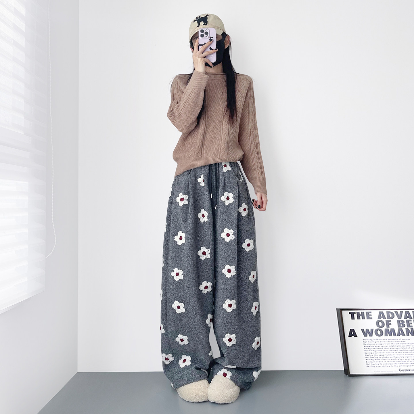 冬季软糯奶芙毛绒刺绣小花糯米裤女大码胖mm加绒加厚保暖阔腿卫裤,淘宝优惠券,粉丝福利购,淘宝优惠卷