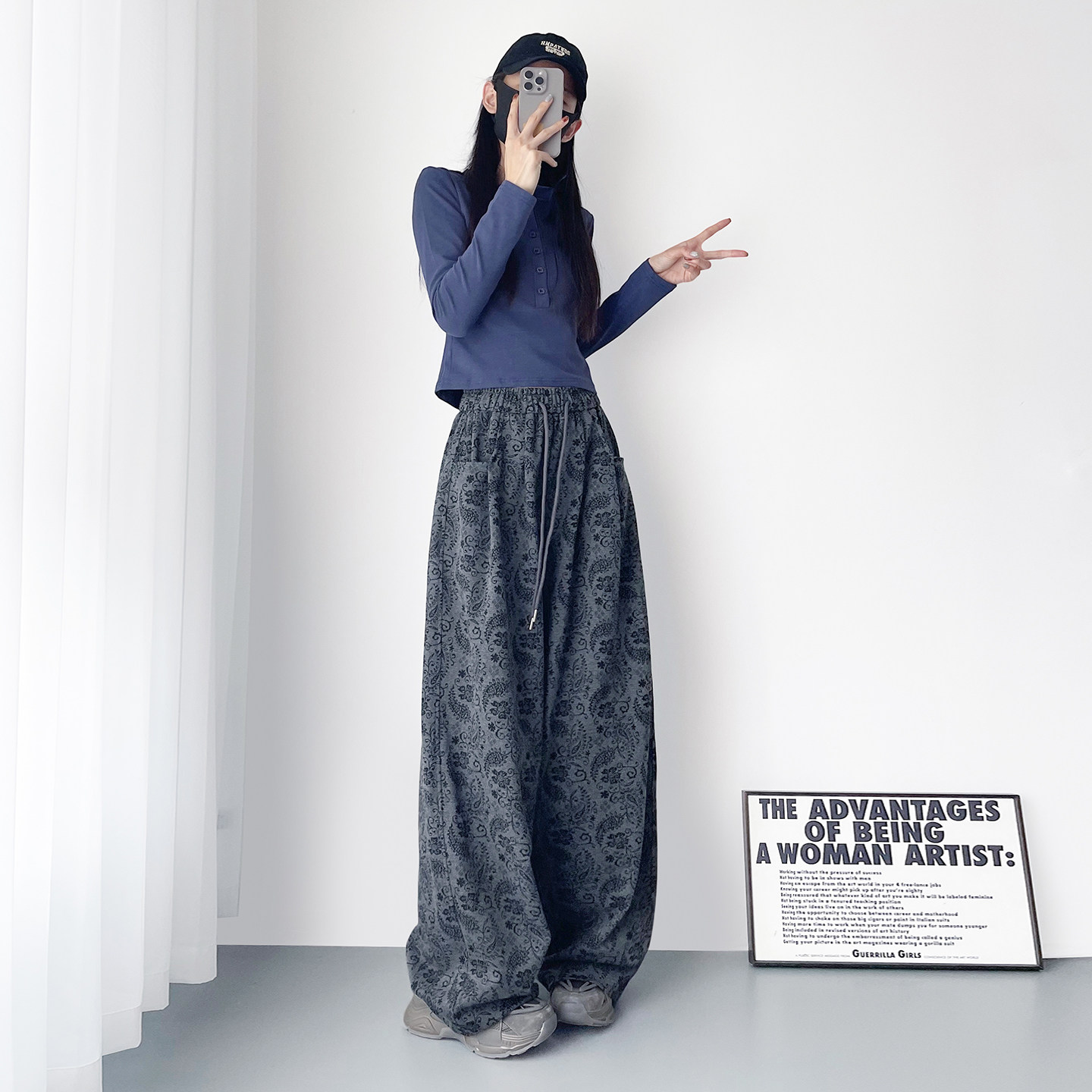 大码个性腰果印花阔腿裤女2026春季新款胖mm显瘦酷飒慵懒风拖地裤,淘宝优惠券,粉丝福利购,淘宝优惠卷