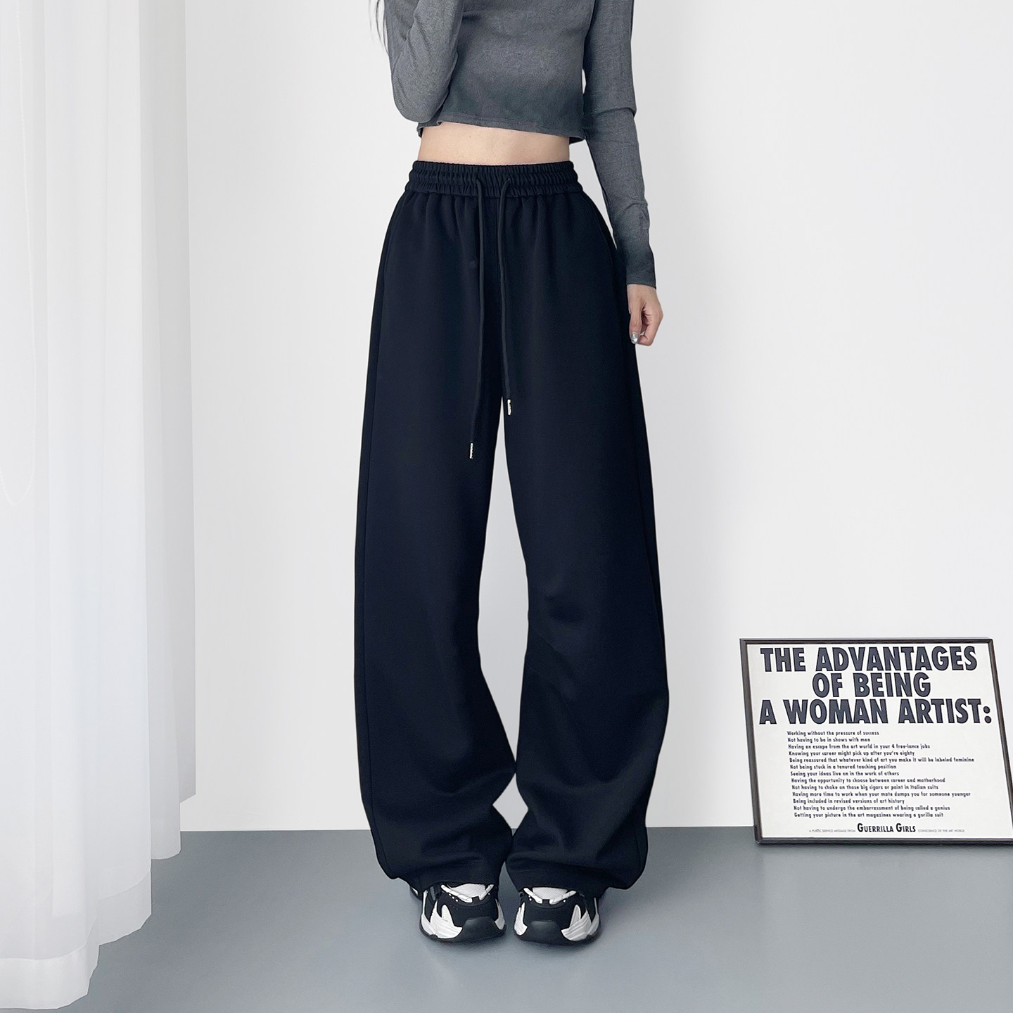 大码春季高腰显瘦美式运动阔腿裤女显高宽松藏肉垂感弯刀休闲卫裤,淘宝优惠券,粉丝福利购,淘宝优惠卷