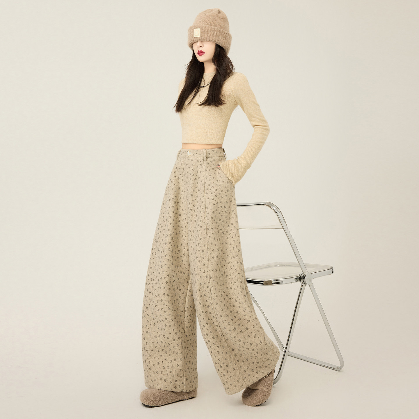 大码设计感小碎花高腰西装裤女胖mm显瘦藏肉慵懒风宽松垂感阔腿裤,淘宝优惠券,粉丝福利购,淘宝优惠卷