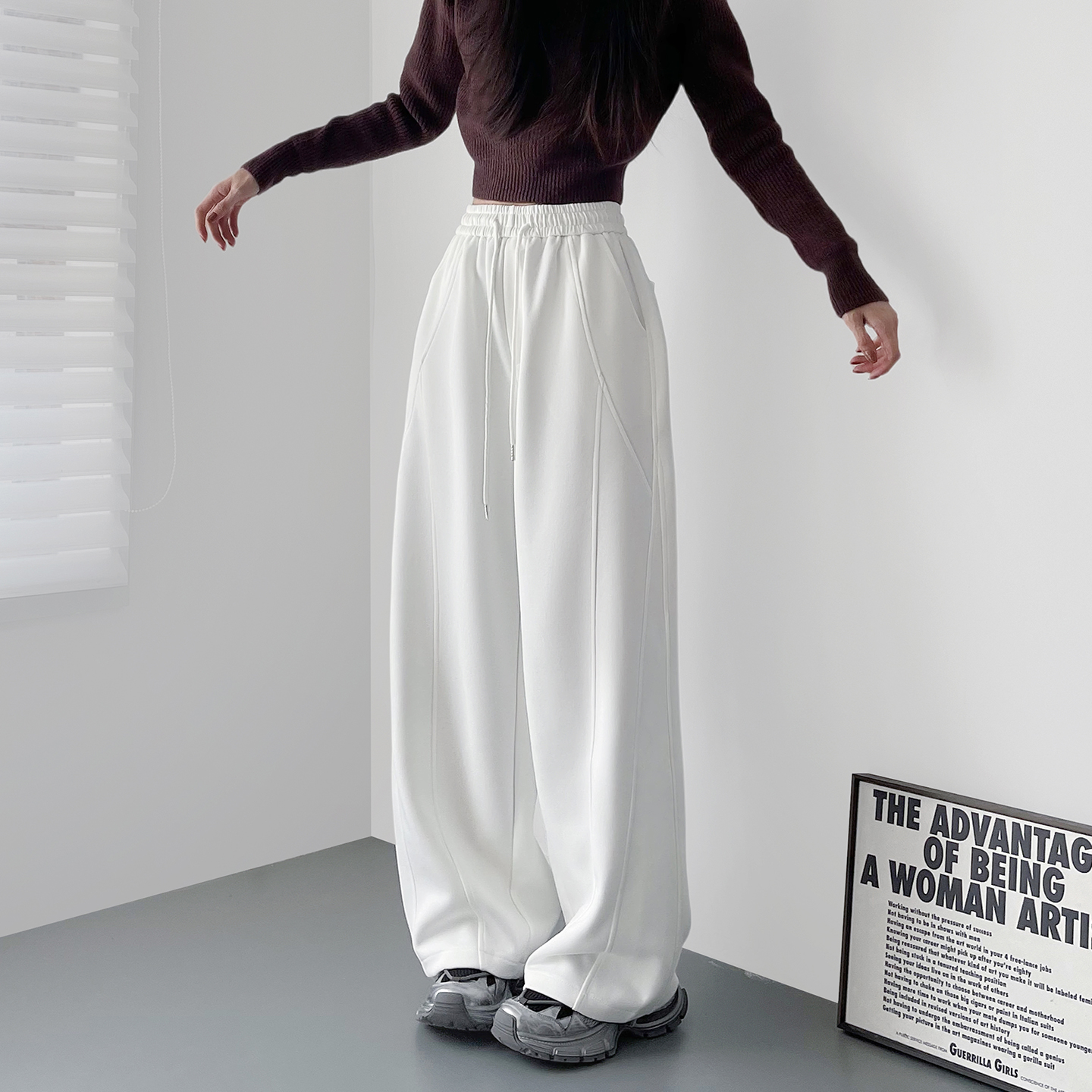 运动裤大码显瘦慵懒微胖女孩阔腿裤冬季小个子宽松白色香蕉卫裤子 - 图1