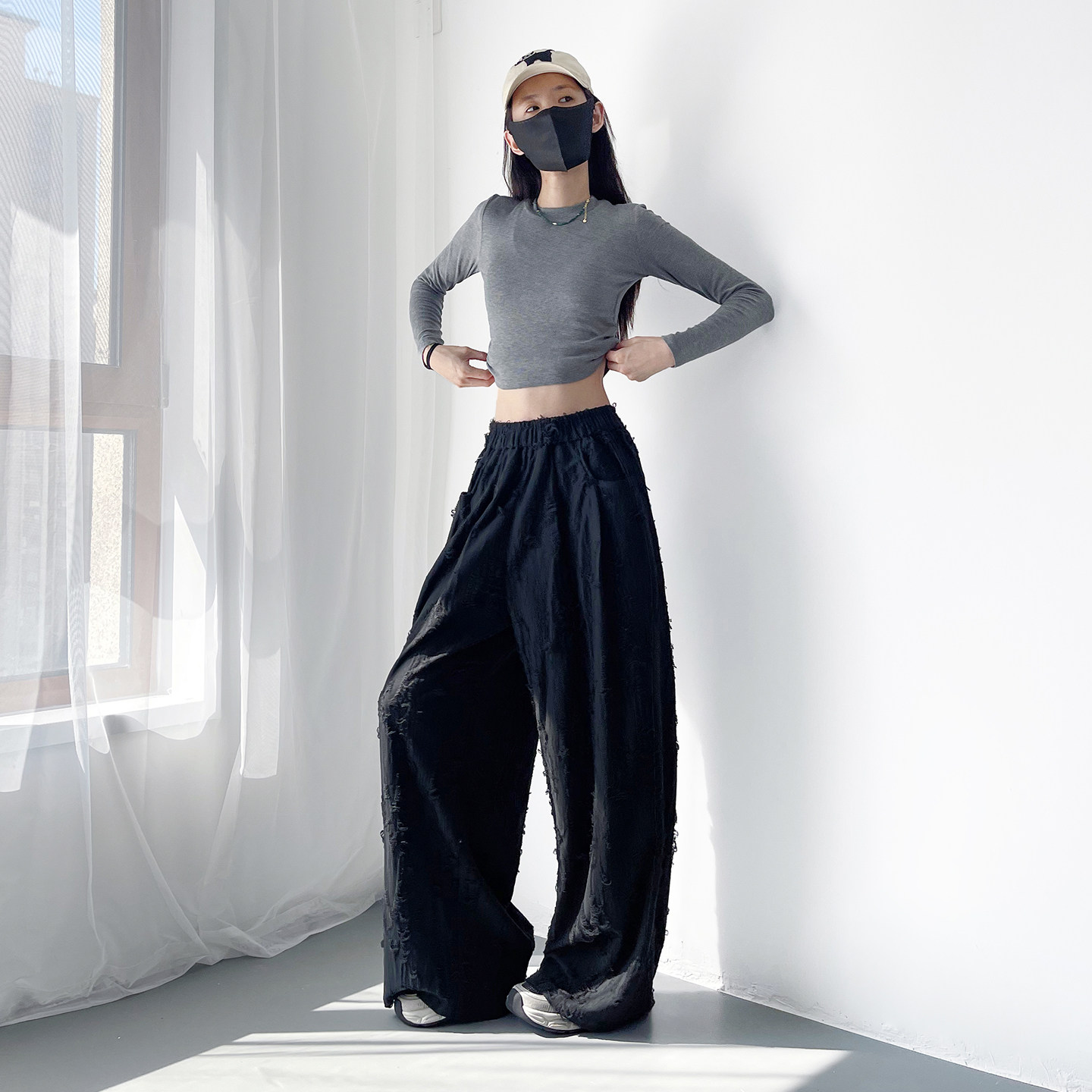 大码设计感破洞裤女春季新款胖mm高腰垂感阔腿裤梨形身材乞丐长裤,淘宝优惠券,粉丝福利购,淘宝优惠卷