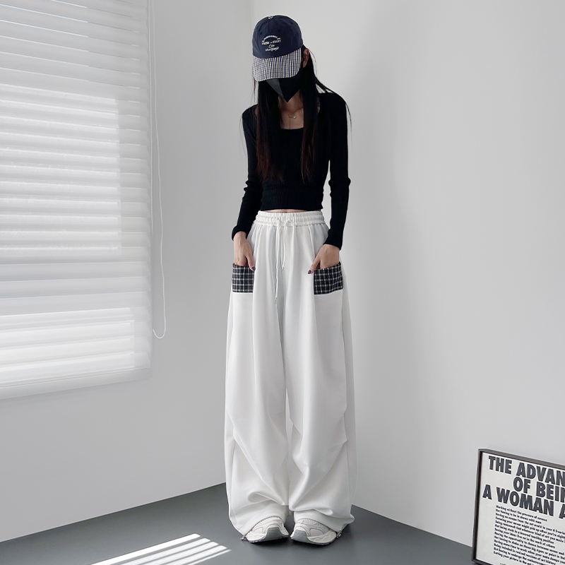 设计感拼接格子阔腿裤女2025秋季大码胖mm显瘦直筒慵懒风运动裤子 - 图3