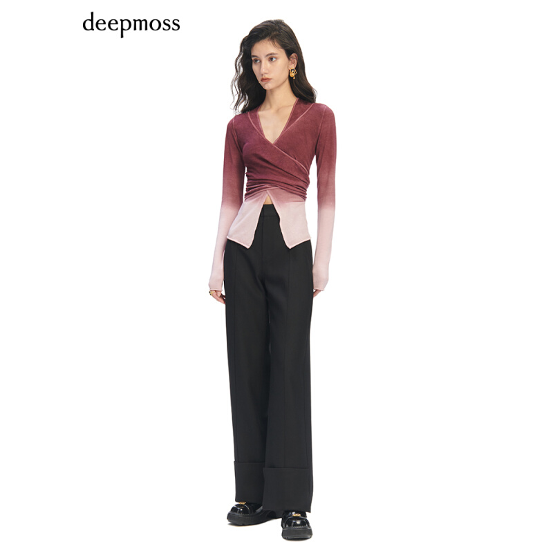 【deepmoss】2023秋季新款女装时尚渐变交叠羊毛套头针织长袖上衣 - 图0