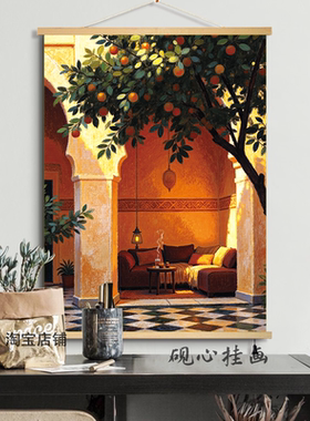 中古风客厅柿子树装饰画法式复古沙发背景墙美式玄关餐厅卧室挂画