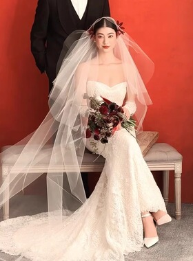 新娘头纱主婚纱超仙森系法式复古硬纱蓬蓬纱摄影拍照造型结婚头饰