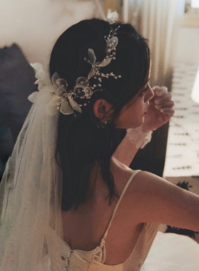 超仙森系新娘花环头纱