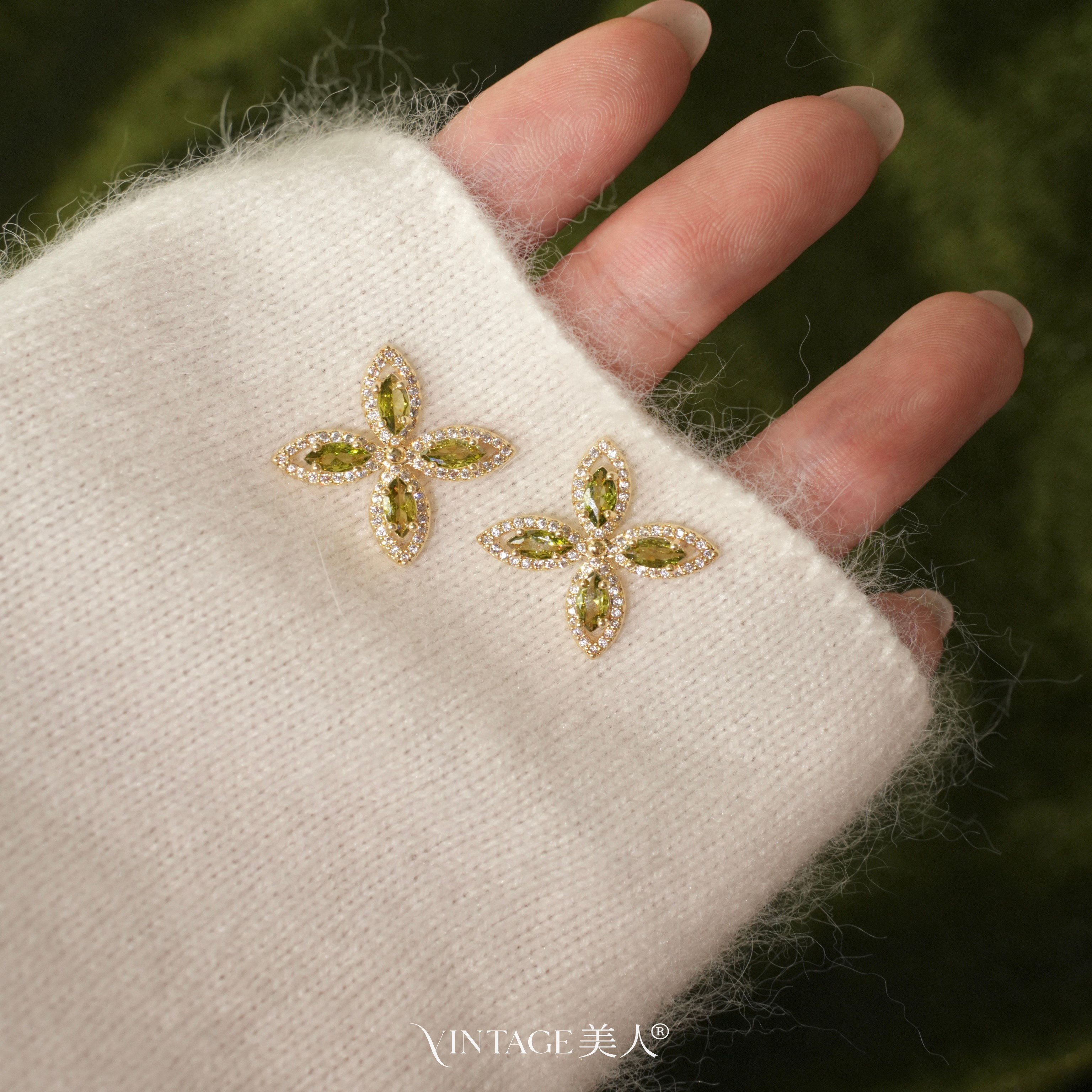 「橄榄枝」幸运草 法式复古高级感轻奢闪耀锆石橄榄绿耳环/耳夹女,淘宝优惠券,粉丝福利购,淘宝优惠卷