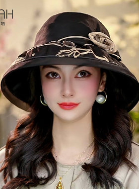 布塔夏季桑蚕丝太阳帽女士大檐宽檐防紫外线雅气质遮阳帽真丝帽子