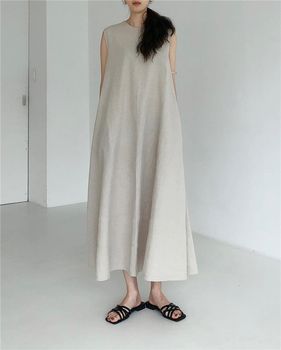 Dress ແມ່ຍິງ Summer 2024 New Tencel Cotton Linen Ramie Cupra One Piece Ankle-length Sleeveless Vest Long Dress