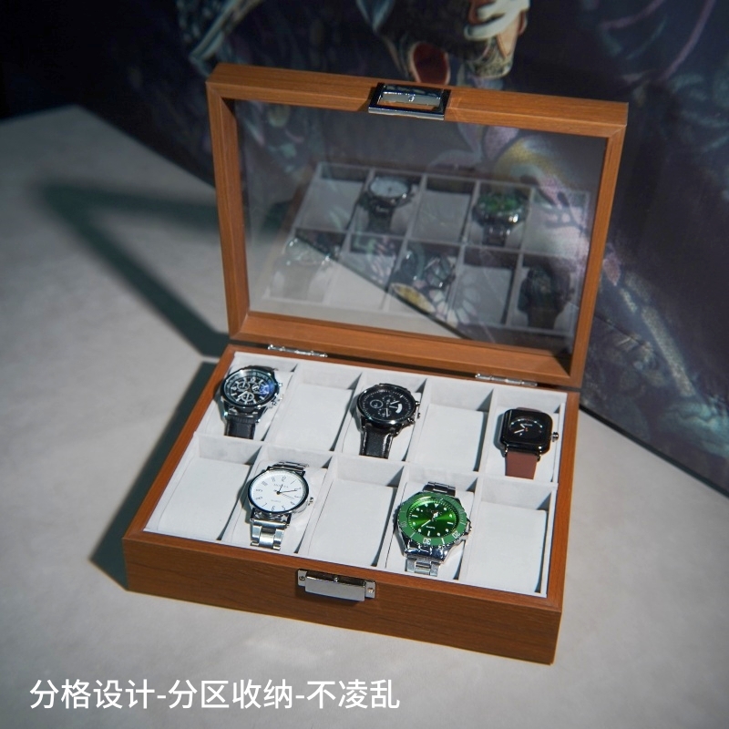 手表收纳盒10格黑胡桃木纹高档木质表盒机械腕表展示收藏灰色内里 - 图0