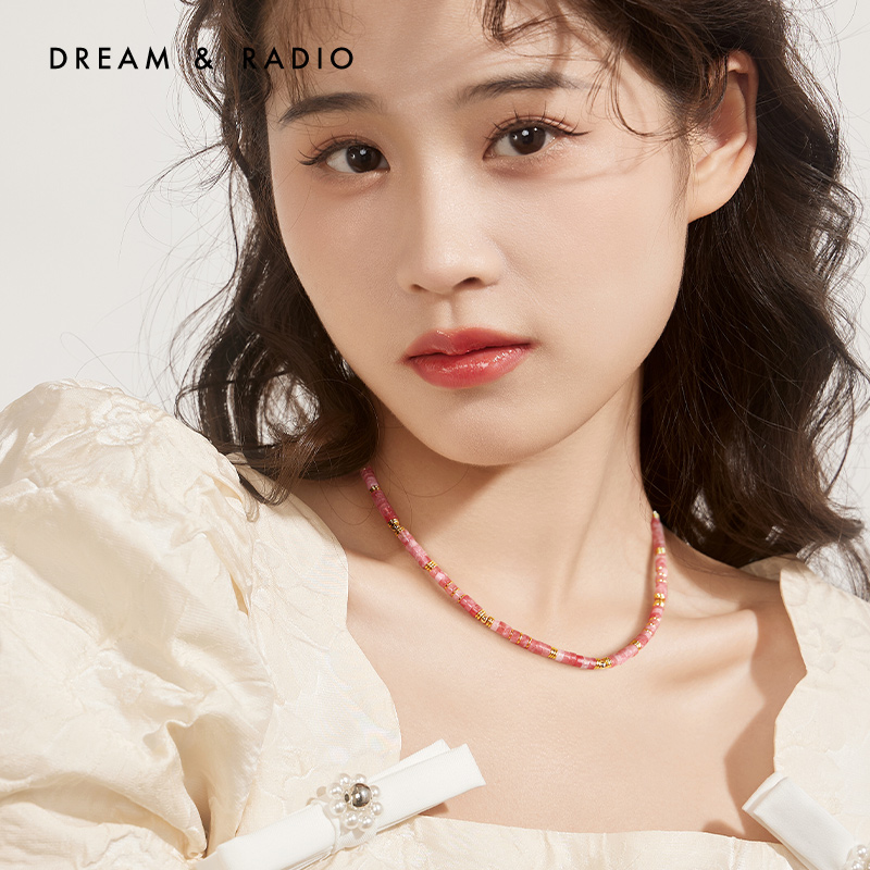 Dream＆Radio仿绿松石串珠项链女设计小众粉色红纹石珍珠吊坠颈链 - 图2