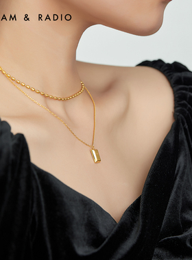 双层叠戴项链小方牌锁骨链高级感