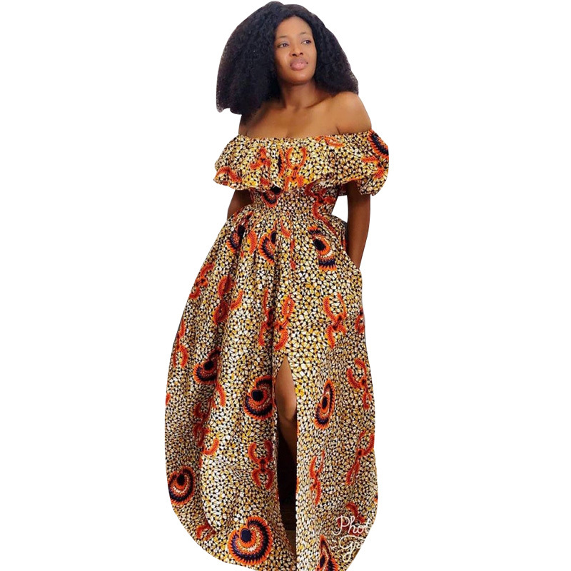 一字肩收腰赫本风非洲印花碎花连衣裙Off-Shoulder African Dress - 图2