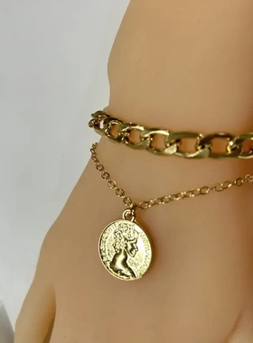 欧美合金项链 多层圆形人头嘻哈吊坠项链女锁骨链项链直销