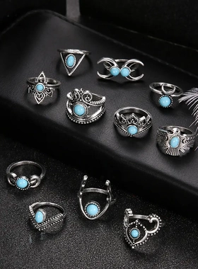 欧美电商饰品 欧美夸张松石月牙猫头鹰11件合金套装戒指
