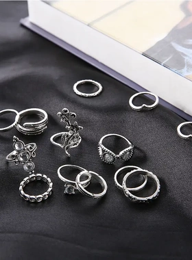 欧美复古猫眼民族风宝石戒指 食指关节组合花戒13件套装