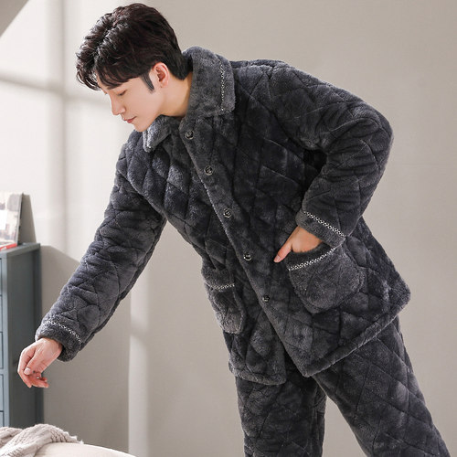 睡衣男士冬季三层加厚加绒珊瑚绒夹棉法兰绒保暖家居服套装秋冬款 - 图1