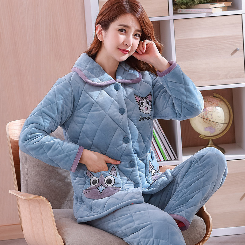 冬季三层加绒法兰绒甜美珊瑚绒夹棉 轩朵淇服饰睡衣/家居服套装