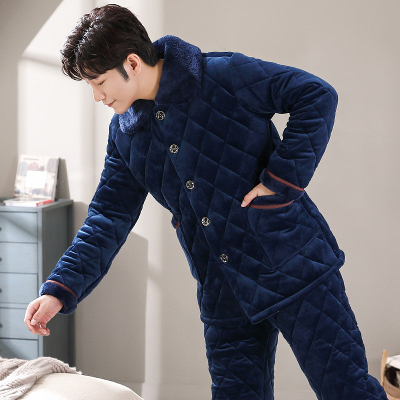 冬季珊瑚绒男士三层夹棉加绒睡衣 轩朵淇服饰睡衣/家居服套装