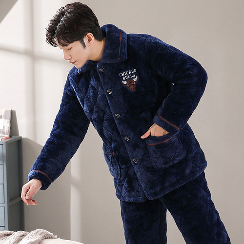 睡衣男士冬季三层加厚加绒珊瑚绒夹棉法兰绒保暖家居服套装秋冬款 - 图0