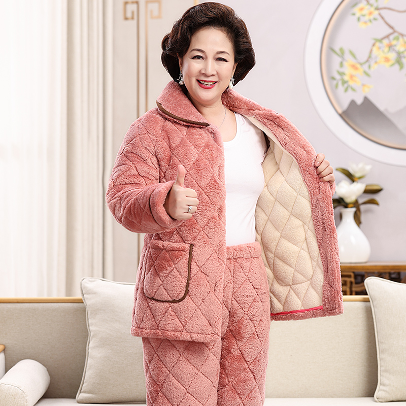 冬季珊瑚绒夹棉睡衣女三层加绒加厚秋冬款妈妈保暖中老年人家居服