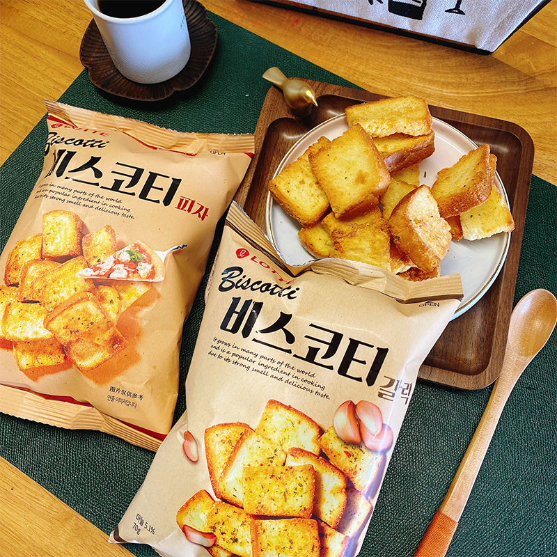韩国进口乐天法式蒜蓉烤面包干洋葱披萨味烤馍片早餐馍丁饼干零食 - 图2