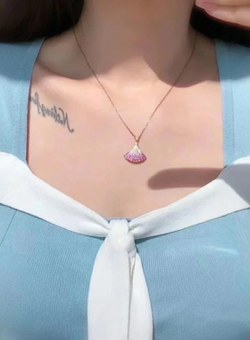 明星同款粉色水钻扇形锁骨链