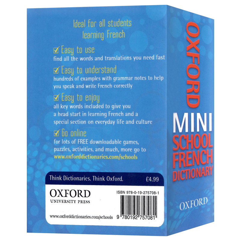 牛津迷你学校法语词典工具书英文原版Oxford Mini School French Dictionary儿童课外学习用书口袋书设计Oxford University Press