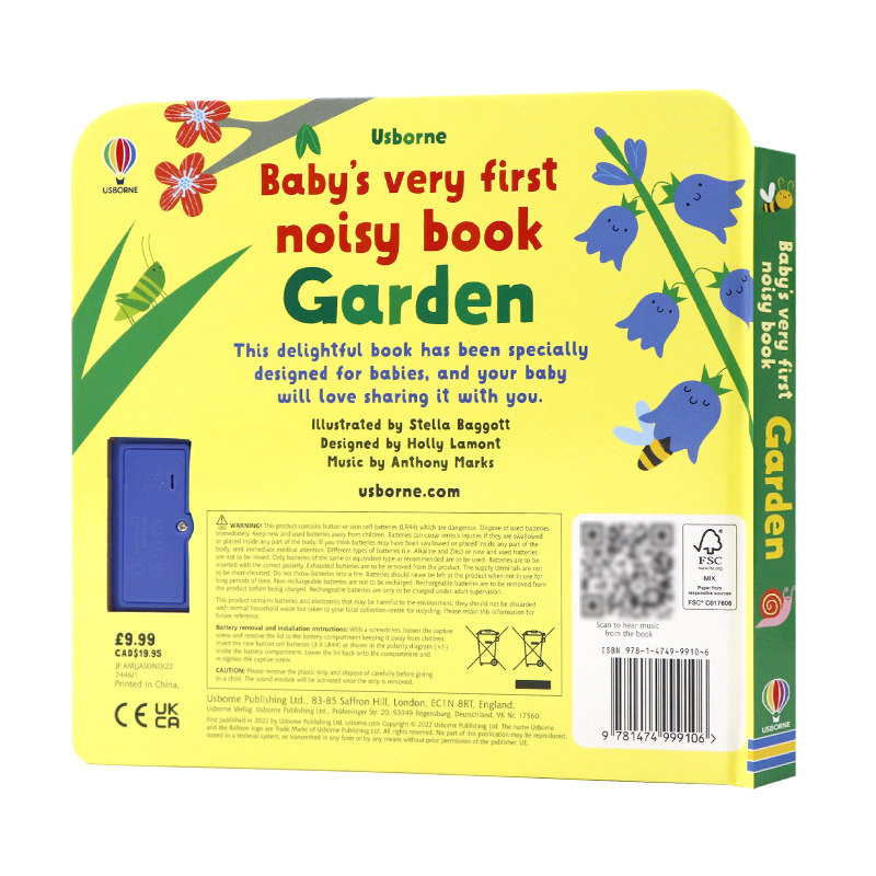 Usborne出品宝宝的首本发声书花园英文原版绘本 Baby's Very First Noisy Book Garden 触摸发声书聆听各种声音低幼启蒙精装书籍