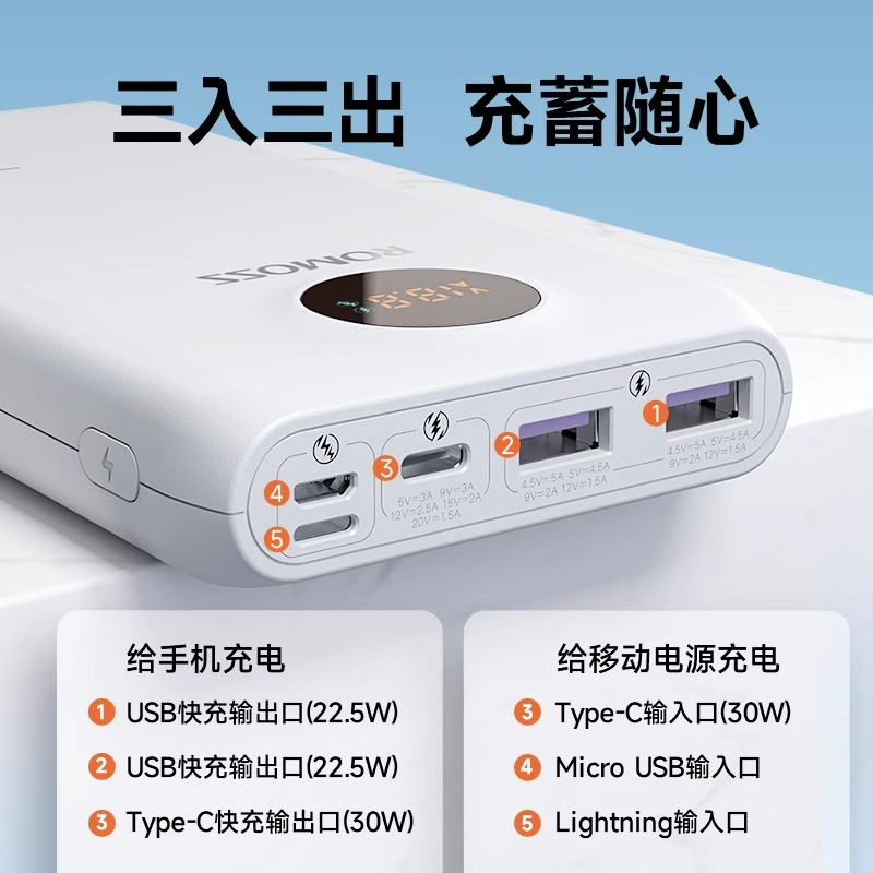 ROMOSS/罗马仕充电宝20000毫安22.5W大容量30W双向快充20WPD快充适用苹果 华为OPPO小米通用便携移动电源旗舰