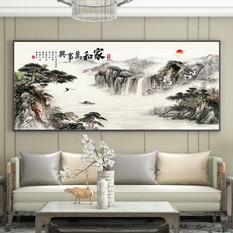 新中式山水画客厅挂画背景墙装饰壁画流水生财风景国画办公室字画 - 图3