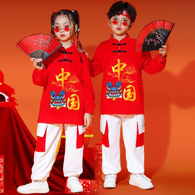儿童元旦演出服男童嘻哈街舞女童啦啦队中国风卫衣套装走秀国潮 - 图0
