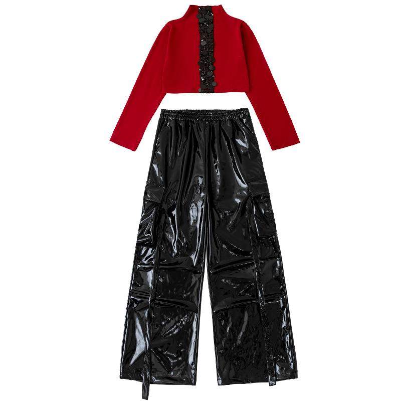 少儿爵士舞服装露脐黑红亮片皮裤套装女童jazz街舞潮服元旦演出服,淘宝优惠券,粉丝福利购,淘宝优惠卷