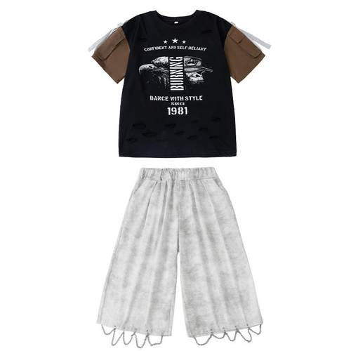 少儿街舞服装男童嘻哈潮服酷帅破洞拼接套装hiphop女童酷帅演出服 - 图3