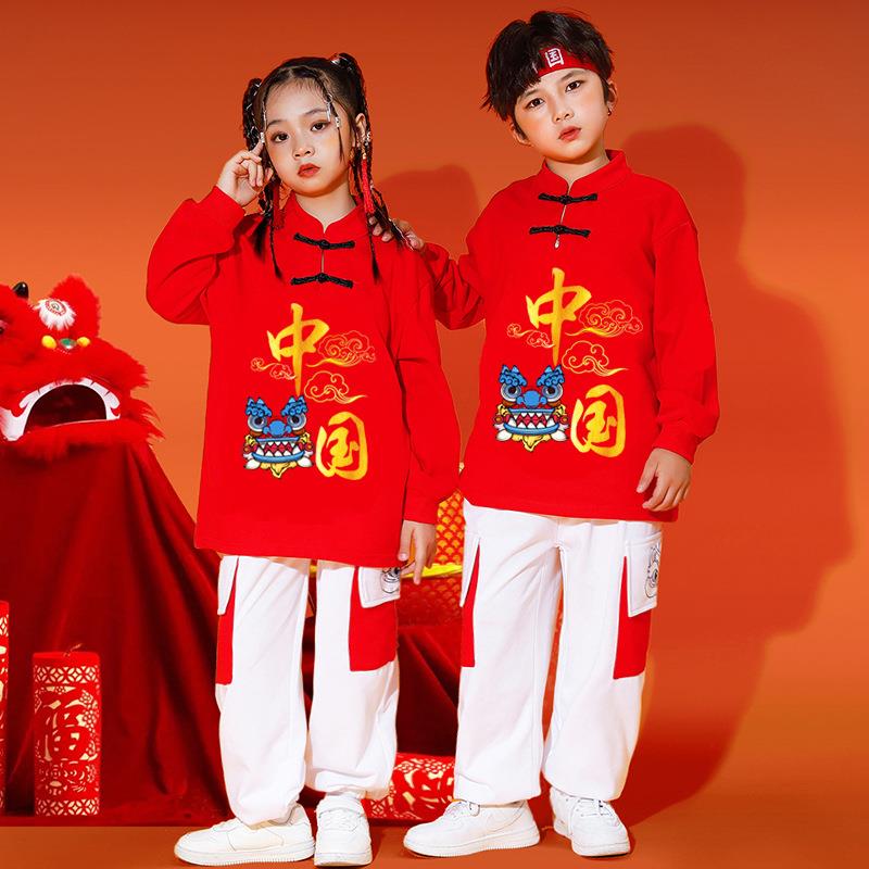 儿童元旦演出服男童嘻哈街舞女童啦啦队中国风卫衣套装走秀国潮 - 图3