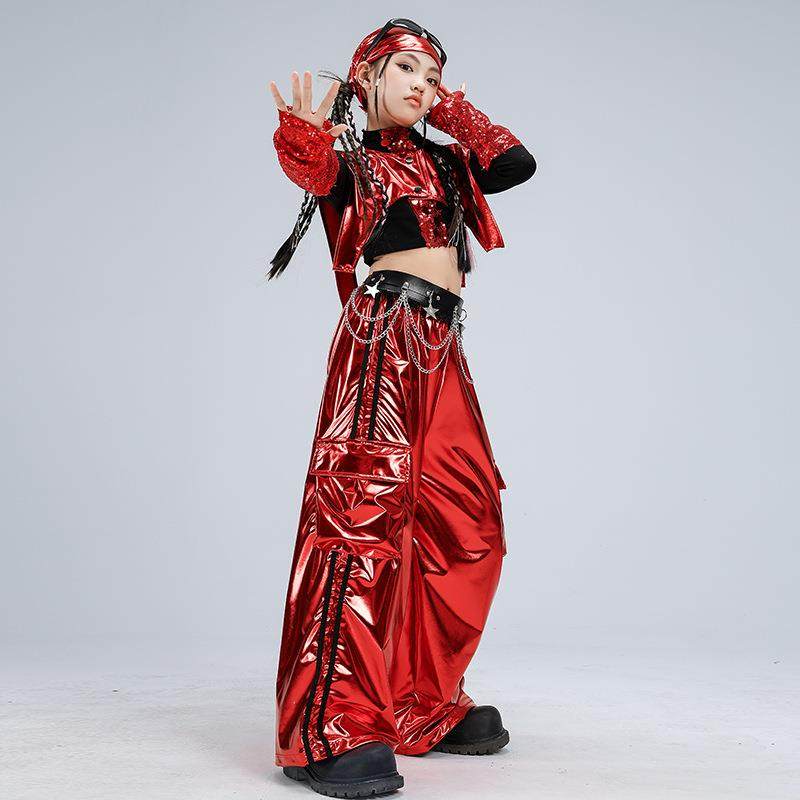 女童爵士舞套装露脐黑红亮片皮裤舞蹈服jazz女孩街舞元旦表演服装,淘宝优惠券,粉丝福利购,淘宝优惠卷