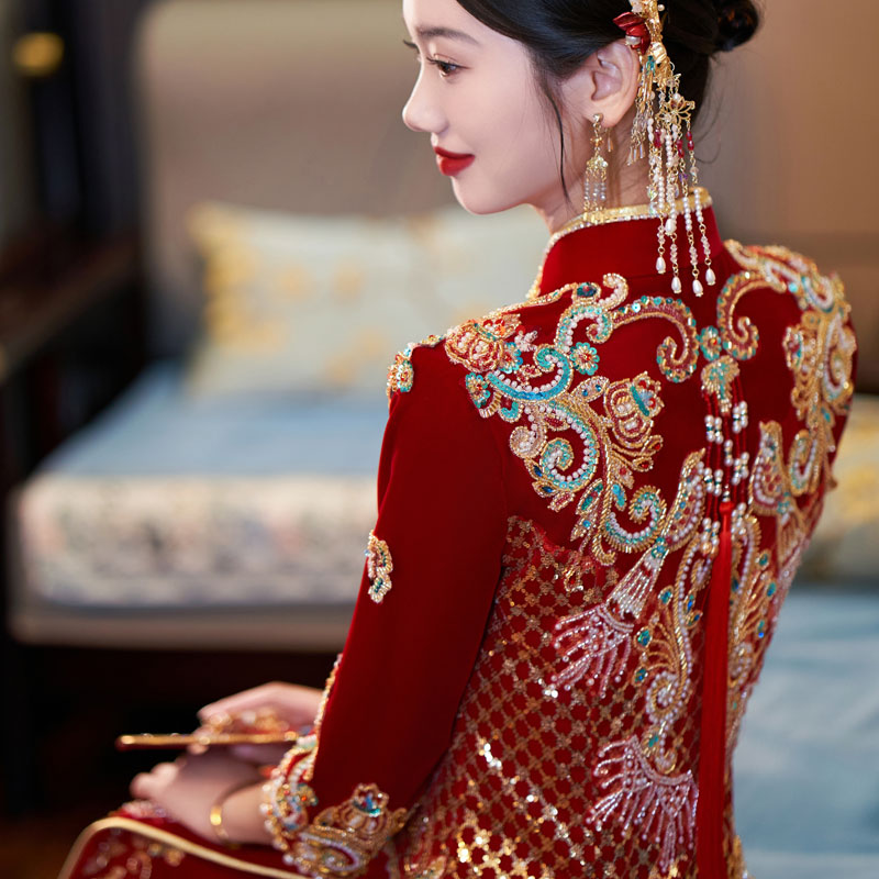 丝绒秀禾服2025新款新娘重工龙凤褂中式婚服高端显瘦秀和服小个子 - 图0