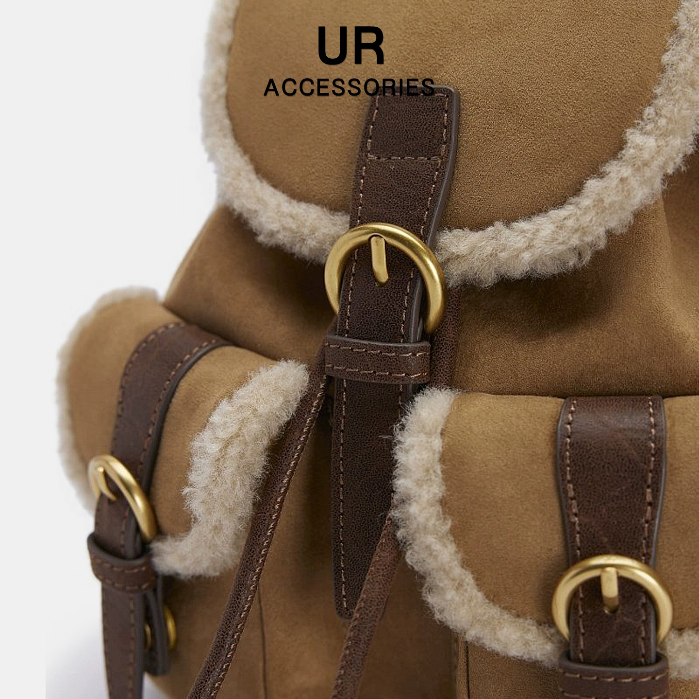 UR小背包2025新款女士秋冬复古麂皮绒双肩包拼接羊羔毛多口袋书包 - 图2