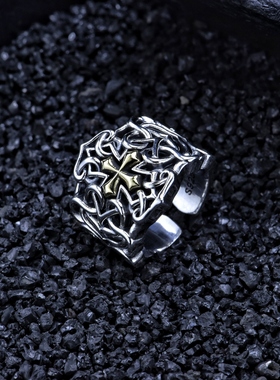 复古925纯银欧美霸气藤蔓花纹精工个性十字架开口戒指潮男银指环