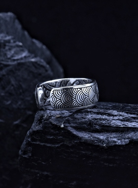 925纯银海浪花纹戒指泰银做旧小众设计感开口指环男士单身食指戒