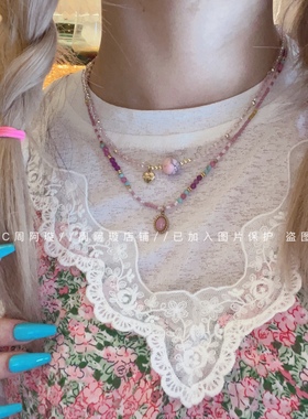 中古风六芒星原版新款彩色石头水晶珍珠串珠项链钛钢锁骨链项饰