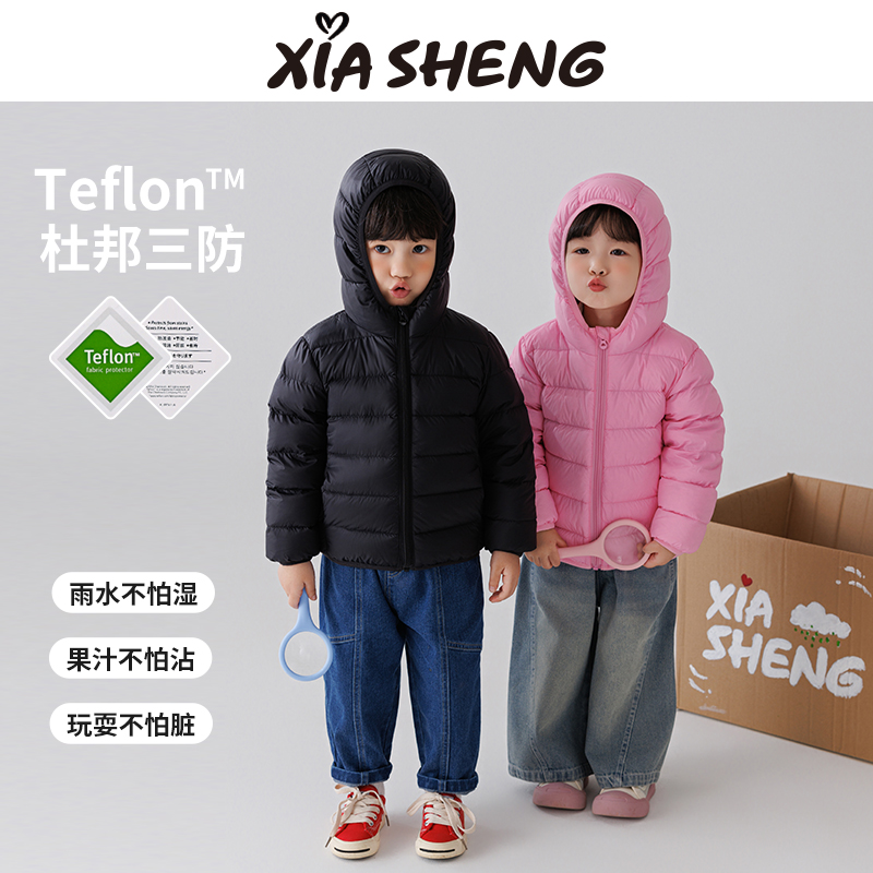 夏生杜邦三防红嘴雁鸭男女童连帽羽绒服儿童保暖秋冬校服搭配神器 - 图0