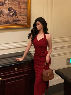 Godfrey french red halterneck dress for women summer retro temperament slim hip-hugging sexy slit long skirt