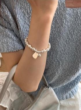 凹面小方块银珠英文吊坠银手链ins冷淡风小众高级感轻奢重工手串